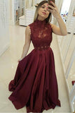 Burgundy High Neck Lace Bodice Princess Floor Length Long Prom Dress PG921