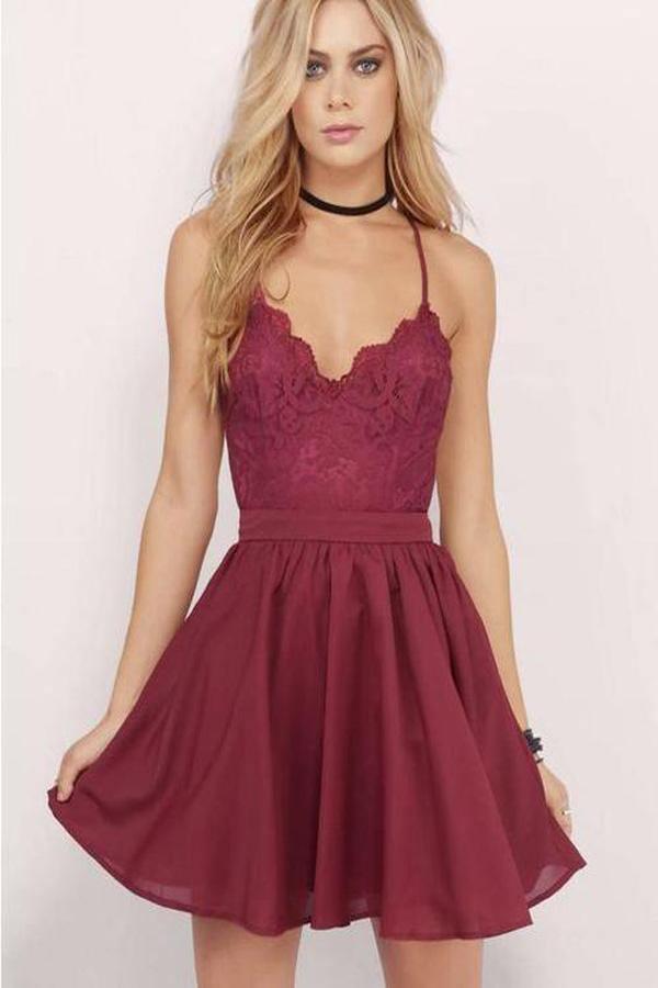Burgundy Homecoming Dress Spaghetti Straps A-line Lace Short Prom Dress PD356 - Pgmdress