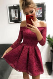 Burgundy Lace Off-the-Shoulder Long Sleeves Homecoming Dresses  PD338
