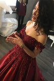 Burgundy Prom Dress Satin Ball Gown Off-The-Shoulder With Applique PM226 - Pgmdress