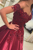 Burgundy Prom Dress Satin Ball Gown Off-The-Shoulder With Applique PM226