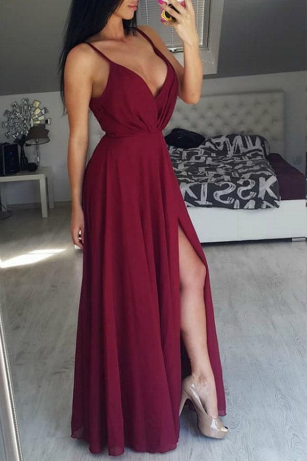 Burgundy Straps Long Chiffon Prom/Formal Dress with Side Slit PM225 - Pgmdress
