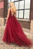Burgundy Tulle A-line V-neck Open Back Prom/Evening Dresses with Beading PG976 - Pgmdress