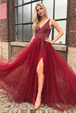 Burgundy Tulle A-line V-neck Open Back Prom/Evening Dresses with Beading PG976