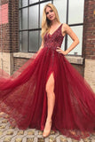 Burgundy Tulle A-line V-neck Open Back Prom/Evening Dresses with Beading PG976 - Pgmdress