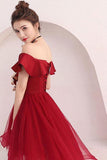 Burgundy Tulle Off Shoulder Short Prom Dress Burgundy Homecoming Dress PD220 - Pgmdress