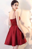 Burgundy V Neck Lace Short Prom Dress Homecoming Dress PD142 - Pgmdress