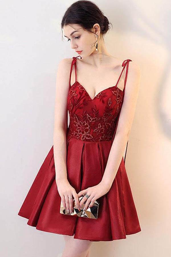 Burgundy V Neck Lace Short Prom Dress Homecoming Dress PD142 - Pgmdress
