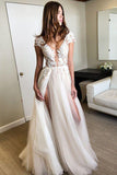 Cap Sleeve Deep V-neck Prom Dress With Appliques Sexy Split Wedding Dresses PG902