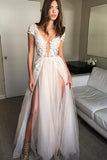 Cap Sleeve Deep V-neck Prom Dress With Appliques Sexy Split Wedding Dresses PG902 - Pgmdress