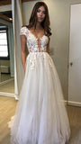 Cap Sleeve Deep V-neck Prom Dress With Appliques Sexy Split Wedding Dresses PG902 - Pgmdress