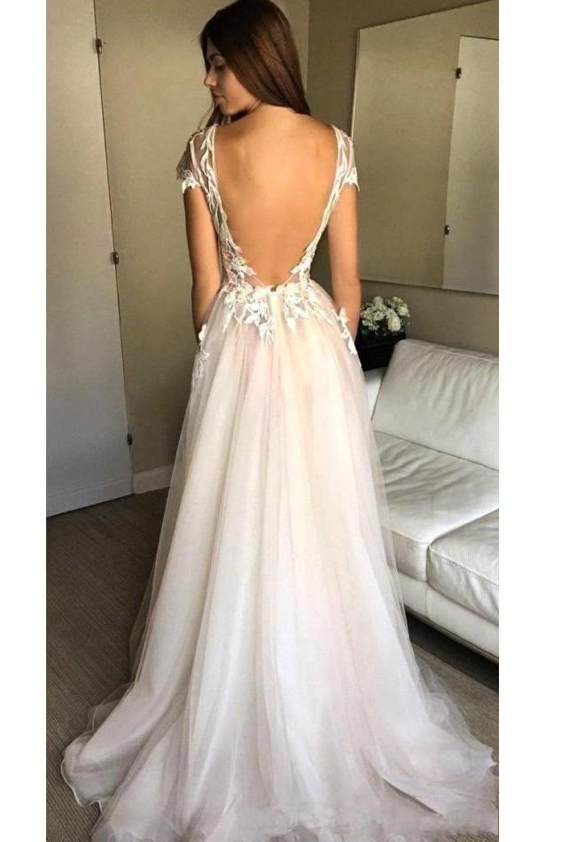 Cap Sleeve Deep V-neck Prom Dress With Appliques Split Wedding Dresses –  Pgmdress