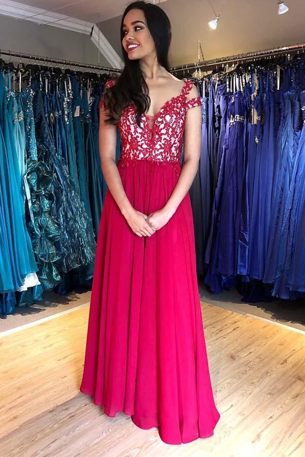 Cap Sleeve Lace Appliques A-Line Floor Length Chiffon Prom Evening Dress PSK033 - Pgmdress