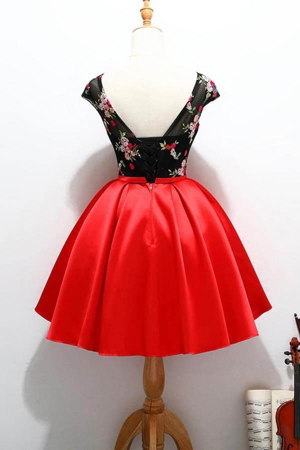 Cap Sleeve Red and Black Cute Homecoming Short Prom Dresses PD218 - Pgmdress