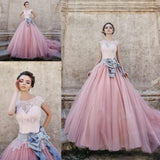 Cap Sleeves Ball-Gown Lace Bowknot Pink Tulle Wedding Dresses WD074 - Pgmdress