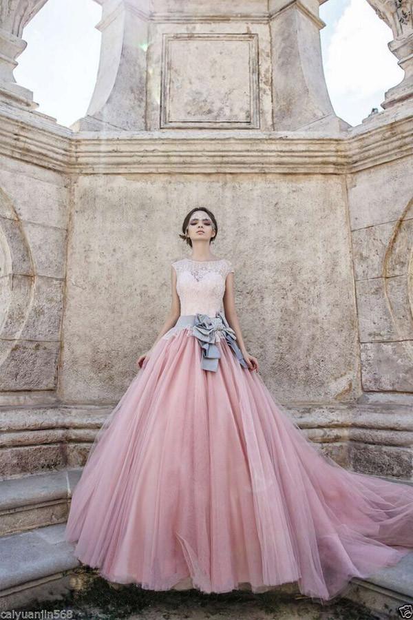 Cap Sleeves Ball-Gown Lace Bowknot Pink Tulle Wedding Dresses WD074 - Pgmdress