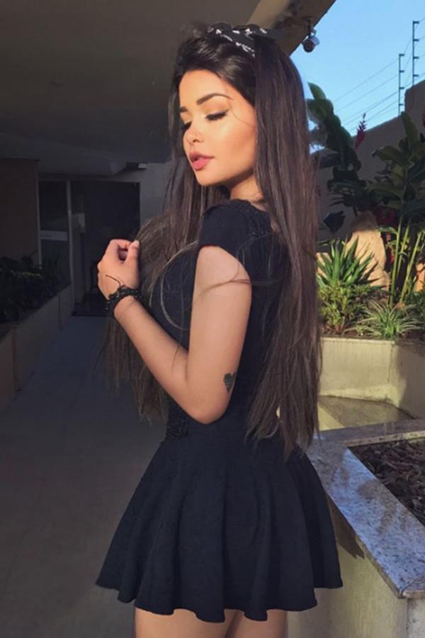 Cap Sleeves V Neck Black Homecoming Dress Party Dress With Lace Applique US8 / As Picture Cap Sleeves V Neck Black Homecoming Dress Party Dress With Lace Applique US8 / As Picture