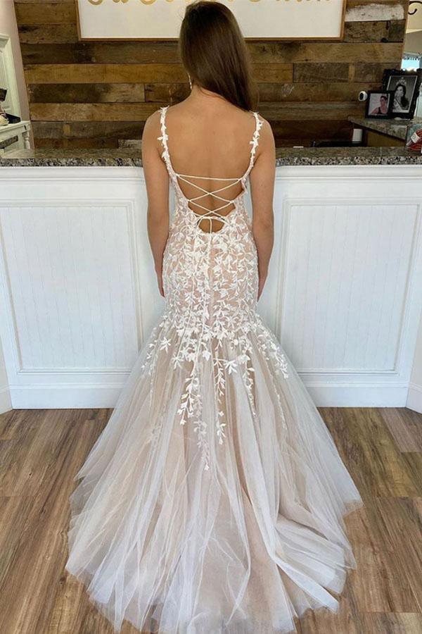 Champagne Tulle Lace Mermaid Long Prom/Evening Dresses PSK169 - Pgmdress