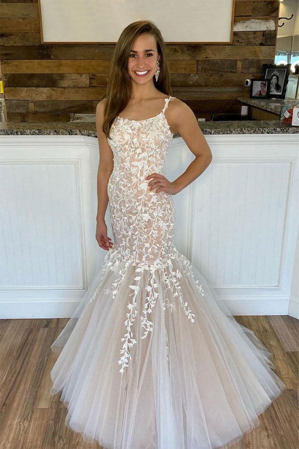 Champagne Tulle Lace Mermaid Long Prom/Evening Dresses PSK169 - Pgmdress