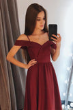 Charming A Line Off the Shoulder Burgundy Satin Long Prom Dresses PG718 - Pgmdress