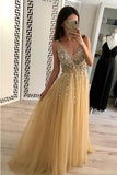 Charming A Line Tulle V Neck Floor Length Prom/Evening Dresses Beads  PG907