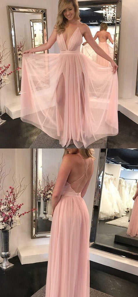 Charming A Line V Neck Backless Chiffon Slit Pink Long Prom Dresses PG710 - Pgmdress