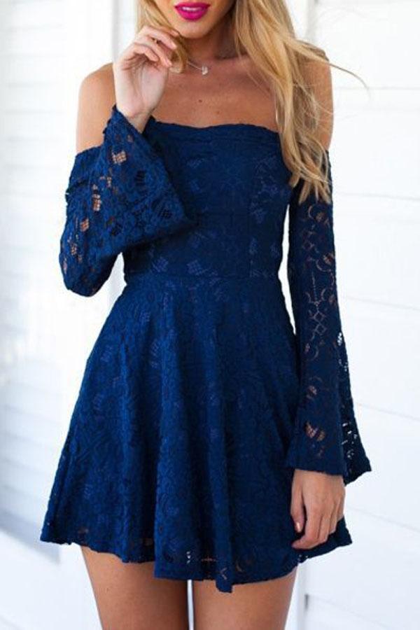 Charming Off The Shoulder Blue Lace Homecoming Dresses Party Dress PG181 - Pgmdress