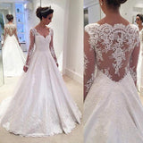 Charming V Neck Appliques A Line Wedding Dress With Long Sleeves WD023 - Pgmdress