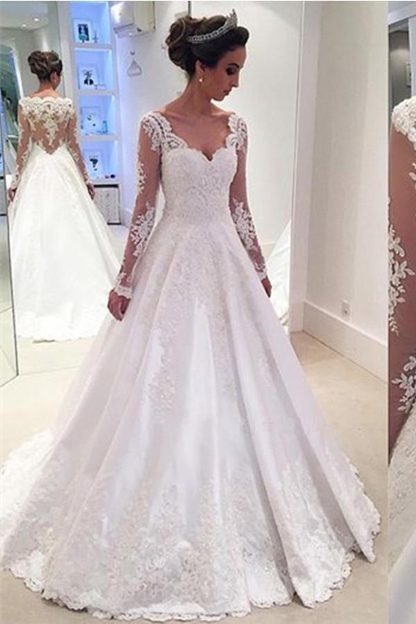 Charming V-Neck Long Sleeve Lace Wedding Party Dresses, Gorgeous Bridal Gown, WD0032