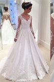 Charming V Neck Appliques A Line Wedding Dress With Long Sleeves WD023