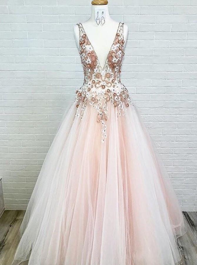 Charming V-Neck Floor-Length Pink Tulle Prom Dress with Appliques Beading PG899 - Pgmdress