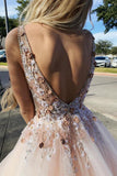 Charming V-Neck Floor-Length Pink Tulle Prom Dress with Appliques Beading PG899 - Pgmdress