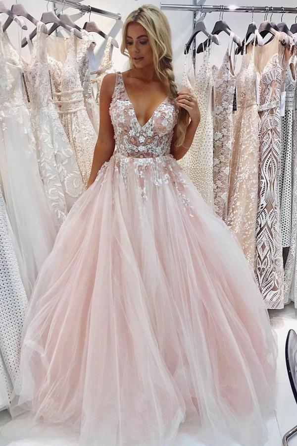 Charming V-Neck Floor-Length Pink Tulle Prom Dress with Appliques Beading PG899 - Pgmdress