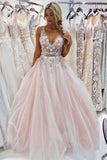 Charming V-Neck Floor-Length Pink Tulle Prom Dress with Appliques Beading PG899