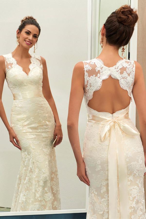 Charming V Neck Lace Sheath Wedding Dress With Sashes WD040 - Pgmdress