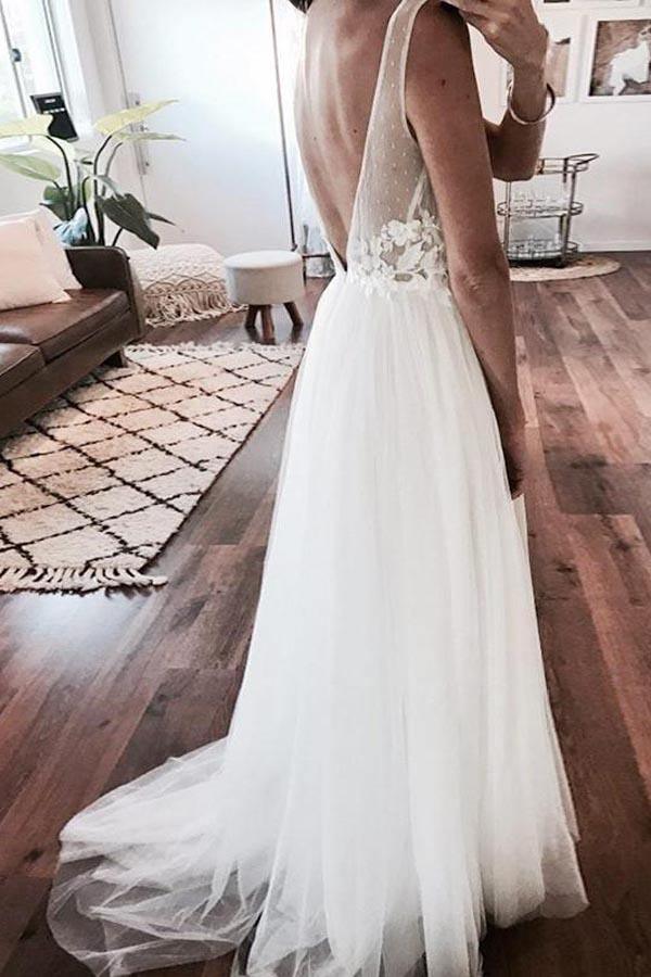 Ivory Tulle Beach Lace Applique See Through Wedding Dress  WD357- Pgmdress