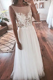 Ivory Tulle Beach Lace Applique See Through Wedding Dress  WD357