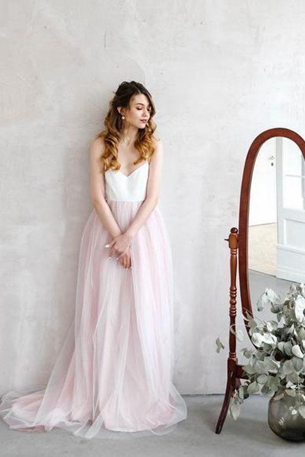 Light Pink Wedding Dresses Spaghetti Strap Tulle Beach Wedding Dress WD338- Pgmdress