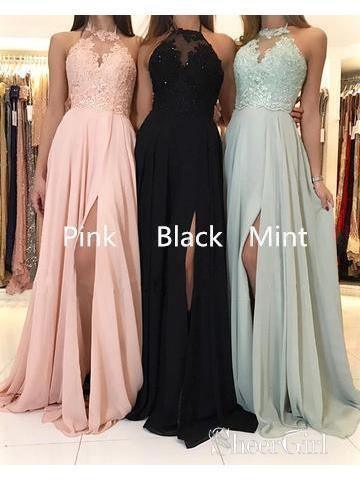 Long Bridesmaid Dresses Lace Top Chiffon Formal Dress with Slit BD066 - Pgmdress