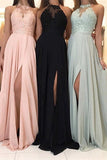 Long Bridesmaid Dresses Lace Top Chiffon Formal Dress with Slit BD066