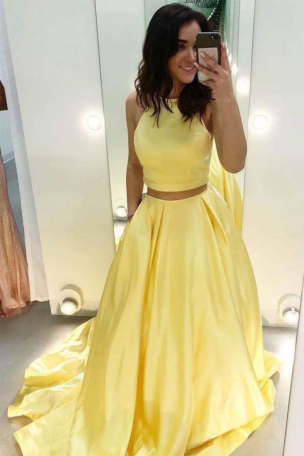 Simple Two Piece Satin Halter Yellow Long Prom Dress PG678 US12 / Custom Color Simple Two Piece Satin Halter Yellow Long Prom Dress PG678 US12 / Custom Color