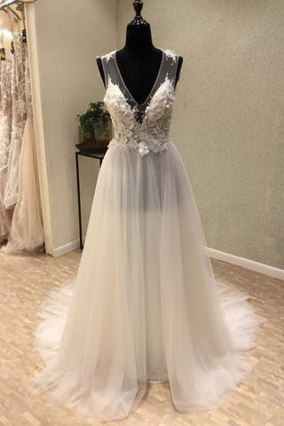 Cheap V-Neck Open Back Tulle Ivory Beach Wedding Dress WD197 - Pgmdress