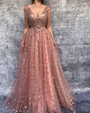 Chic A-line V neck Prom Dresses Pink Long Prom Dress Evening Dresses PSK071 - Pgmdress