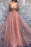 Chic A-line V neck Prom Dresses Pink Long Prom Dress Evening Dresses PSK071