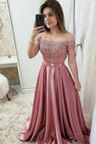 Chic Burgundy Off Shoulder Floor Length Satin Lace Prom Dresses PG897 - Pgmdress