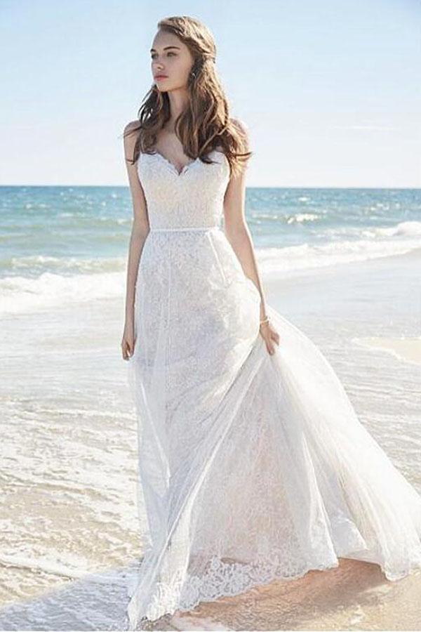Chic Lace Beach Spaghetti Straps Long Wedding Dresses WD129 - Pgmdress