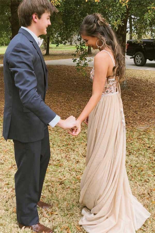 Chic Spaghetti Straps Low Back A Line Long Evening Dress PSK083 - Pgmdress