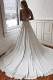 Chiffon A-line V-neck Lace Spaghetti Straps Wedding Dress with Sweep Train WD343 - Pgmdress
