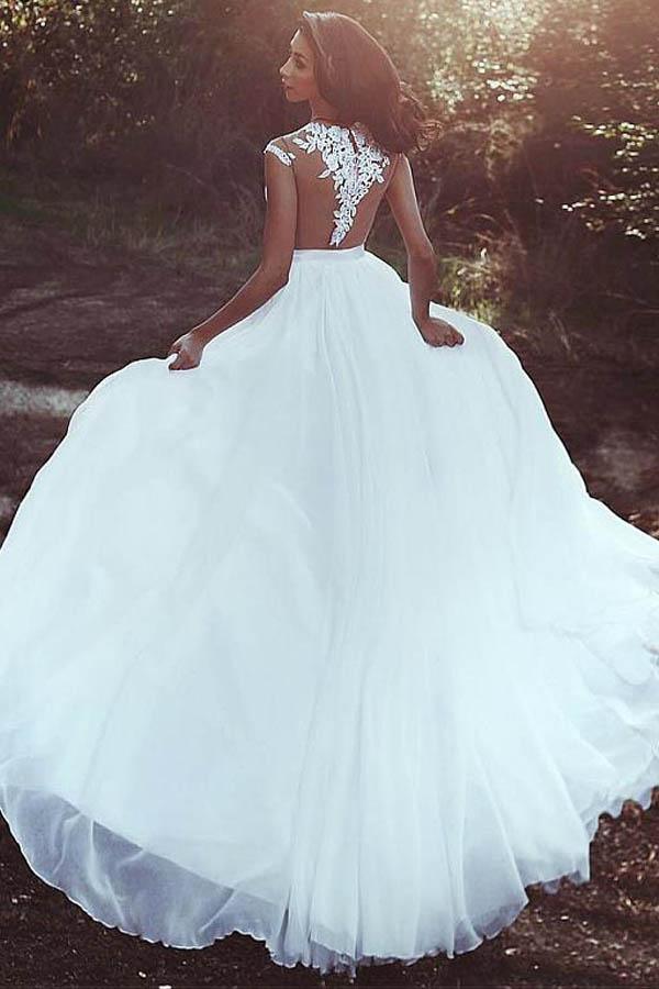 Chiffon Jewel Neckline A-line Wedding Dress With Lace Appliques WD252 - Pgmdress