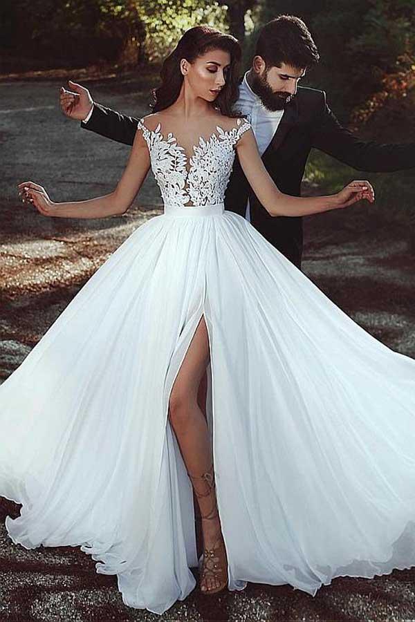 Chiffon Jewel Neckline A-line Wedding Dress With Lace Appliques WD252 - Pgmdress